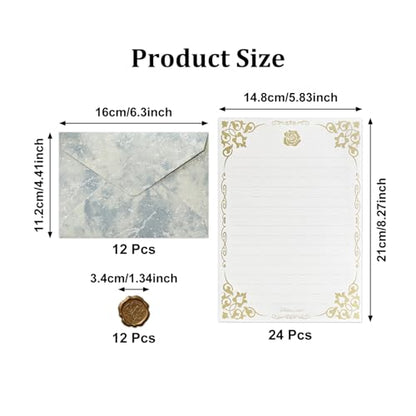 48 Pcs Stationery Set with Envelopes (24 White Kraft Paper Sheets +12 Marble Texture Envelopes+12+Wax Seal Stickers), Premium Stationery Letter Writing Paper Set for Party Invitations (Blue) - color: Blue