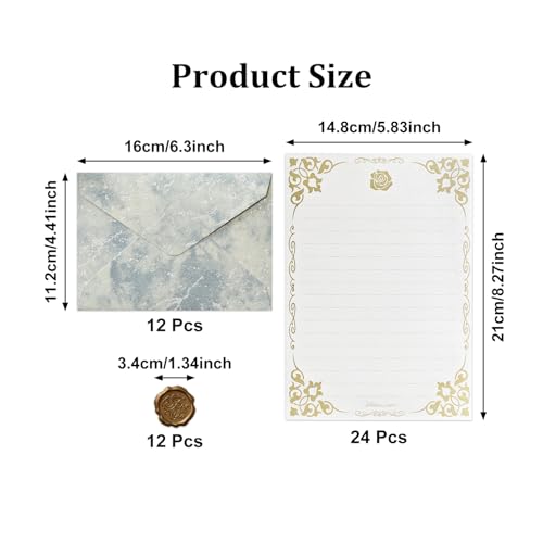 48 Pcs Stationery Set with Envelopes (24 White Kraft Paper Sheets +12 Marble Texture Envelopes+12+Wax Seal Stickers), Premium Stationery Letter Writing Paper Set for Party Invitations (Blue) - color: Blue