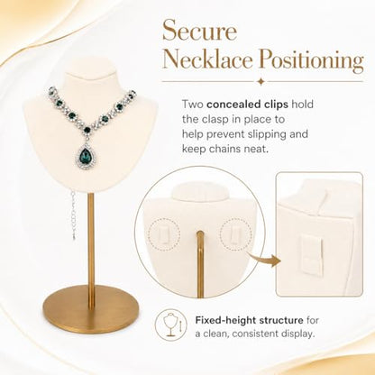Necklace Display Stand For Selling Velvet Chain Jewelry Bust Holder Organizer With Stainless Steel Stand Jewelry Display - color: Beige-White-9.84in
