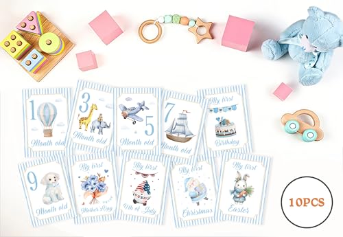 Baby Milestone Cards, 10pcs Double Sided Newborn Photo Prop, Baby Boy First Holiday, First Year Monthly Milestone Cards, Blue Pregnancy Announcement Ideas Decor Supplies(02) - style: Blue