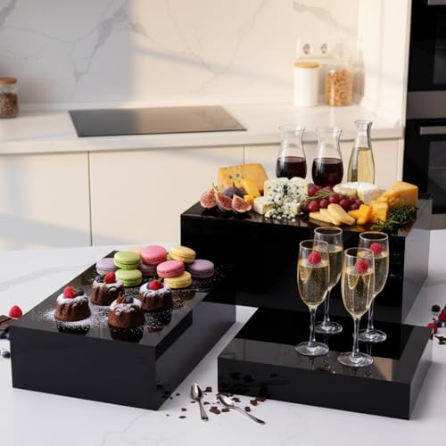 3 Pack Extra Large Acrylic Buffet Risers - 14”, 12”, 10” Black Display Stands with Hollow Bottoms, Cube Riser Boxes Nesting for Dessert Food Catering Buffet Display Party Supplies - color: Black, size: 14”,12”,10”