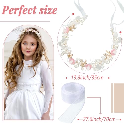 Retrowavy 2 Pcs Flower Girl Headpiece, Flower Girl Hair Accessories Rhinestone Crystal Princess Pearl Headband Bridal Hair Headband for Wedding First Communion(Pink) - color: Pink