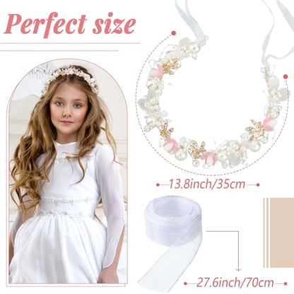 Retrowavy 2 Pcs Flower Girl Headpiece, Flower Girl Hair Accessories Rhinestone Crystal Princess Pearl Headband Bridal Hair Headband for Wedding First Communion(Pink) - color: Pink