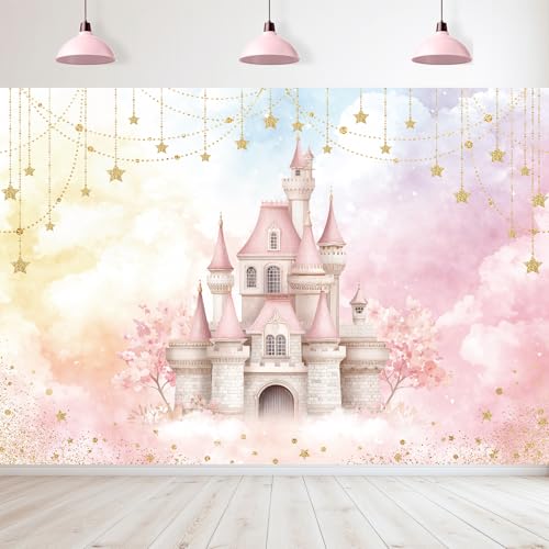 Pink Fairy Castle Backdrop 7Wx5H Feet Polyester Fabric Pretty Starry Star Fantasy Ombre Clouds Flower Decoration Dreamlike Wonderland Aesthetic Photography Background Photo Shoot Props - color: E-12Pink Castle, size: 7Wx5H