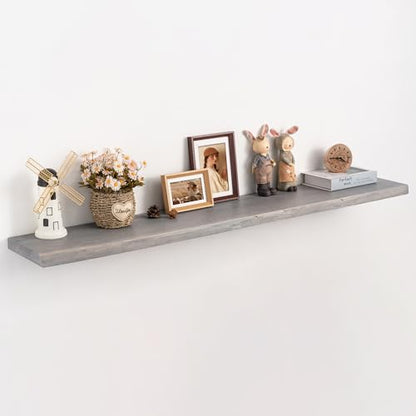 Long Live Edge Floating Shelf, 55 Inch Solid Elm Wood - Weathered Gray Rustic Wood Wall Shelf with Invisible Brackets for Living Room, Kitchen, Bathroom - color: Driftwood Gray, size: 55"L, 1-Pack