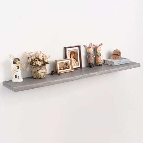 Long Live Edge Floating Shelf, 55 Inch Solid Elm Wood - Weathered Gray Rustic Wood Wall Shelf with Invisible Brackets for Living Room, Kitchen, Bathroom - color: Driftwood Gray, size: 55"L, 1-Pack