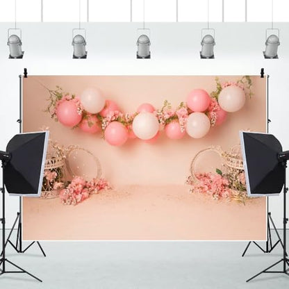 Yeele 5x4ft Pink Balloon Floral Backdrop for Girl Birthday Pastel Pink Room Flowers Balloons Princess Baby Shower Photography Background for Newborn Girls Women Portrait Photo Shoot Props - size: 5x4ft