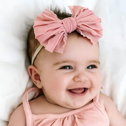 5PCS Baby Girl Bow Headbands Soft Stretchy Nylon Hair Bows for Newborn Infant Toddler Cute Solid Color Bowknot Headwear for Party Photo Props Gifts(Mixed, Elastic)
