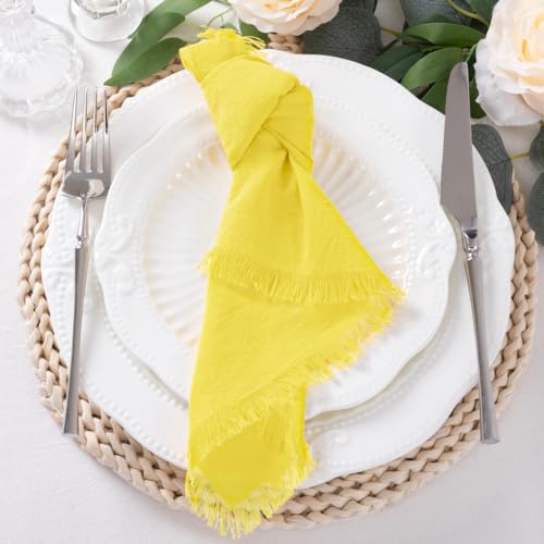 DeZerlor 6 Pack Lemon Yellow Cotton Linen Napkins with Fringe Summer Cloth Napkins Set of 6 Boho Handmade Dinner Napkins Bulk for Wedding Bridal Baby Shower Parties, 17 x 17 Inches - color: Lemon Yellow, size: 17" x 17" (Set of 6)