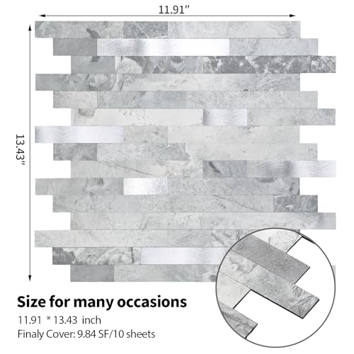Yipscazo 10 Sheets Peel and Stick Stone Metal Tile Backsplash, Stick on Tiles for Backsplash Kitchen, Bathroom, Laundry Room, Camper, Fireplace (12'' X 12'', Gray Stone with Metal) - color: Gray Stone With Metal