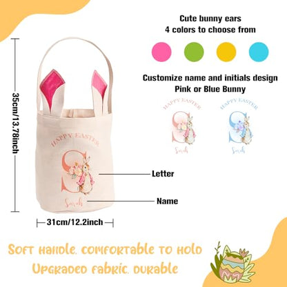 VEELU Personalized Easter Bunny Basket Custom Name Rabbit Bag for Boys & Girls Customized Storage Bucket Egg Hunting Bags for Party Tote Decorative Birthday Party Gifts