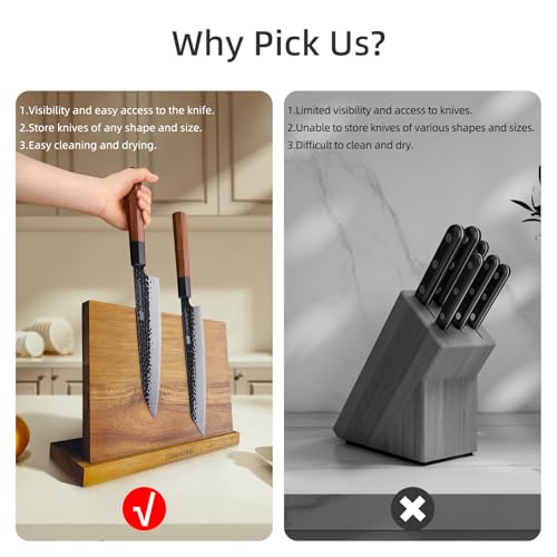 FINDKING Magnetic Knife Block, Teak Wood Utensils Holder, Strong Magnet Stand for Kitchen Counter (10.8 x 8 Inches, Without Knives) - color: Brown