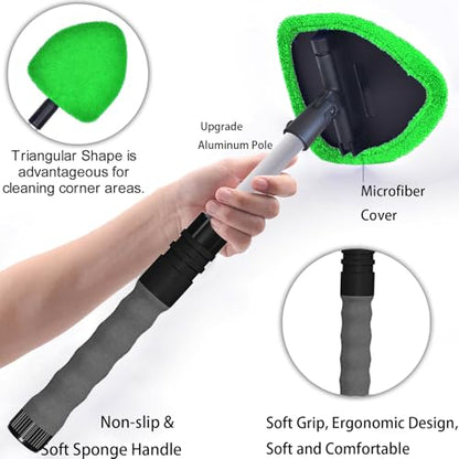 desin Windshield Cleaning Tool, Car Window Cleaner Windshield Cleaner with 4 Reusable and Washable Microfiber Pads and Extendable Handle Auto Inside Glass Wiper Kit (Green) - color: Green