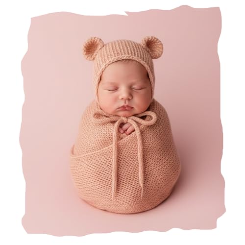 Baby Photography Props Infant Boy Girl Outfits - Crochet Knit Mohair Wrap Blanket & Bear Hat for Newborn Photo Shoots (Light Pink) - color: Light Pink