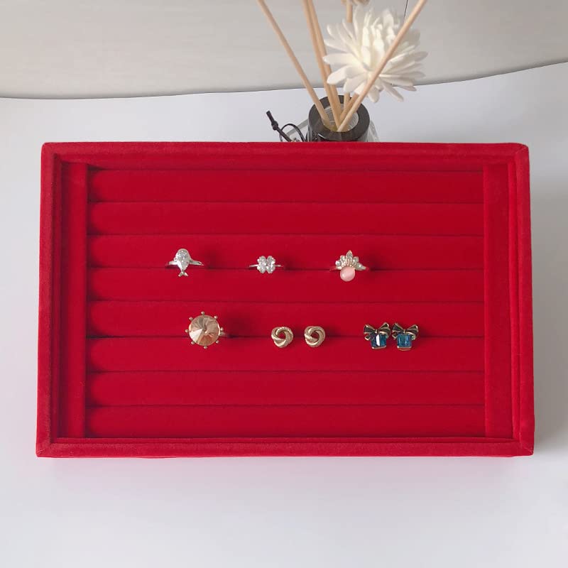 AKOAK 1 Pack Jewelry Display Tray Wooden Flannel Dresser Ring Earring Bracelet Watch Storage Case Portable Display Rack (red) - color: red