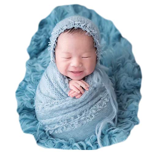 Baby Photography Props Luxurious Lace Hat with Blanket Newborn Photo Shoot Outfits Infant Princess Photos Hats Wrap Set (Blue) - color: Blue