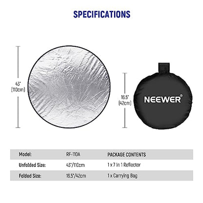 NEEWER 43"/110cm Photography Reflector, 7 in 1 Light Reflector Diffuser - Chroma Key Blue/Green Screen, Translucent/Silver/Gold/White/Black, RF-110A