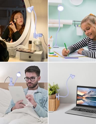 LiFMIRA Clip on Lamp USB Reading Light, 3 Color Modes, 10 Brightness Dimmable, Flexible Gooseneck Desk Lamp with Clamp, Eye Care Clip on Light for Bed Headboard Desk Home Dorm - color: Lilac Purple