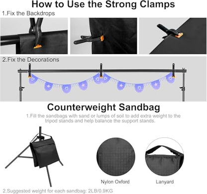10x10FT Adjustable Photography Backdrop Stand Kit Photo Studio Background Support with 4 Crossbars 6 Clamps 2 Sandbags