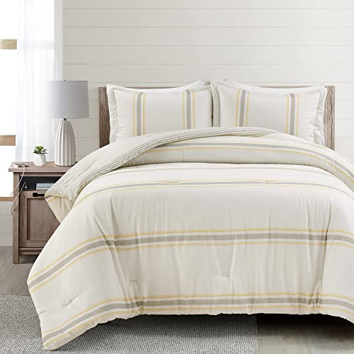 Lush Decor Farmhouse Stripe Reversible Cotton Comforter Set, 3 Piece Set, King, Yellow & Gray - Cozy Farmhouse Bedding Set - Rustic Decor - Striped Comforter - Modern Farmhouse Bedroom Decor - color: Yellow & Gray, size: King