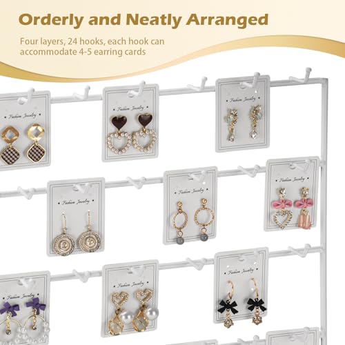 Earring Display Stand for Selling, 4 Tier Wooden Base Earring Rack Tower Display Holder Stand (24 Hooks, White) - color: White