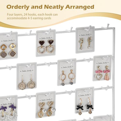 Earring Display Stand for Selling, 4 Tier Wooden Base Earring Rack Tower Display Holder Stand (24 Hooks, White) - color: White