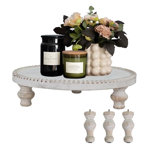 MAONAME Farmhouse Wood Riser for Display, Decorative Pedestal Stand for Kitchen Counter, Rustic Round Beaded Wooden Display Tray for Home Decor, Short and Tall Footed, 11.87 Inch