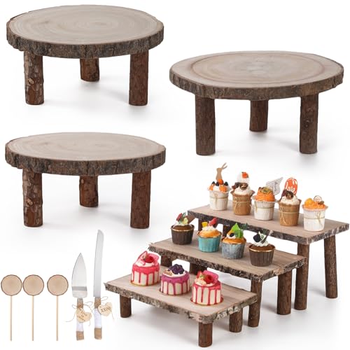 Jetec 11 Pcs Wood Cake Stand Rectangular Round Rustic Wedding Cake Holder Tray with Wooden Slice Toppers and Cutter for Wedding Reception Party Event