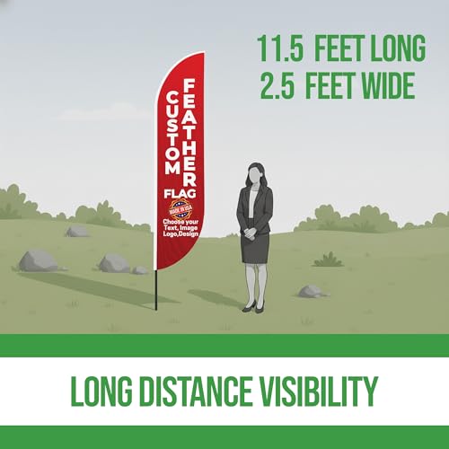 Custom Feather Flag by BCB Print, Personalized Swooper Flag with Photo, Text or Logo, 11.5x2.5 FT Single-Sided HD Print, Optional Add-On 15 FT Pole Kit & Ground Spike, Made in USA, Fast Delivery - color: Feather Flag +/– Ground Spike Kit