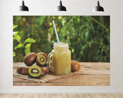 Trykid 12x8ft Kiwi Fruit Smoothie Backdrop Fresh Healthy Drink Wooden Table Organic Food Photography Background Tapestry Party Decoration Photo Studio Prop Fabric Backdrop - size: 12x8ft