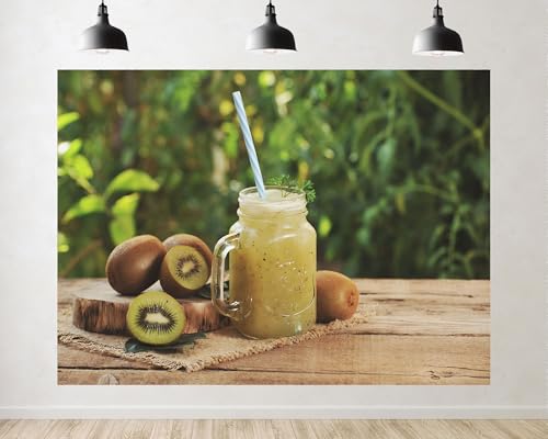 Trykid 15x8ft Kiwi Fruit Smoothie Backdrop Fresh Healthy Drink Wooden Table Organic Food Photography Background Tapestry Party Decoration Photo Studio Prop Fabric Backdrop - size: 15x8ft