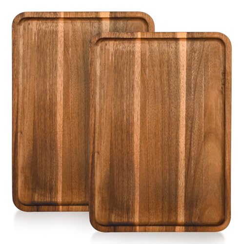 2 Pcs Acacia Wood Serving Tray, Charcuterie Boards Rectangular Wooden Platter, Large Serving Tray Wood Kitchen Display Tray for Food, Cookie, Dessert, Fruit, Snack, Vegetable, 13" x 9" x 0.6" - size: 13*9 inch