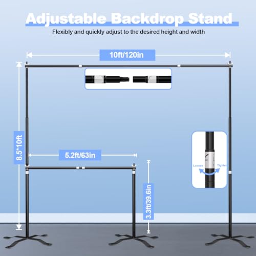 10x8.5ft(WxH) Upgraded Heavy Duty Backdrop Stand, Pipe and Drape Stand Kit with Cross Base, Photo Background Stand for Parties, Wedding, Photography-Quick Installation