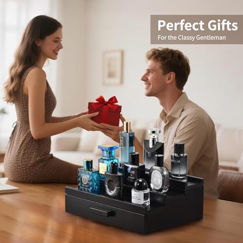 Perfume Organizer for Men, 3 Tier Wood Perfume Display Stand with Velvet Lining Drawer and Hidden Compartment for Watch,Jewelry,Perfume Display Risers,A Gift for Men (Black) - style: 3 Tier - Black