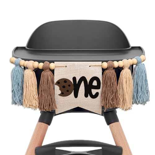 Upfirst Cookies One Highchair Banner - Cookies Sign Tassel Banner, Milk and Cookies First Birthday Decorations for Anniversary Photo Background Props - color: Cookie Tassel