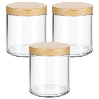 Tecohouse 8oz Glass Jars with Plastic Woodgrain Lids, 3 Pack Candle Jars with Blank Labels, 250g Clear Glass, Wide Mouth | Cosmetic Containers for Sample, Cream, Lotion, Honey, Powder, Jelly - color: Clear-Woodgrain Lids