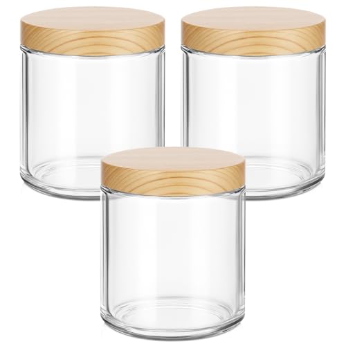 Tecohouse 8oz Glass Jars with Plastic Woodgrain Lids, 3 Pack Candle Jars with Blank Labels, 250g Clear Glass, Wide Mouth | Cosmetic Containers for Sample, Cream, Lotion, Honey, Powder, Jelly - color: Clear-Woodgrain Lids