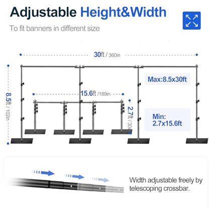EMART 8.5x30ft(HxW) Photography Backdrop Stand for Parties, Adjustable Photo Pipe and Drape Background Back Drop Holder Frame Kit with Heavy Duty Metal Steel Base for Birthday Wedding - Black - size: 8.5×30ft