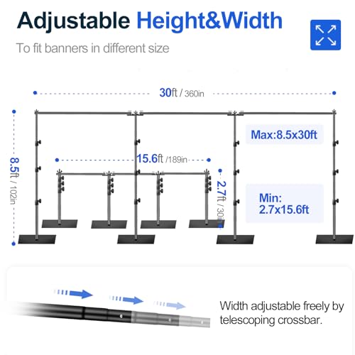EMART 8.5x30ft(HxW) Photography Backdrop Stand for Parties, Adjustable Photo Pipe and Drape Background Back Drop Holder Frame Kit with Heavy Duty Metal Steel Base for Birthday Wedding - Black - size: 8.5×30ft