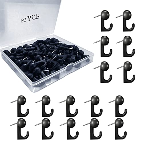 50 PCS Push Pin Hooks, Plastic Heads Cork Board Hooks Decorative Thumb Tacks Hook for Photo Wall, Bulletin Board, Home Wall, Home Office School Supplies (Black) - color: Black