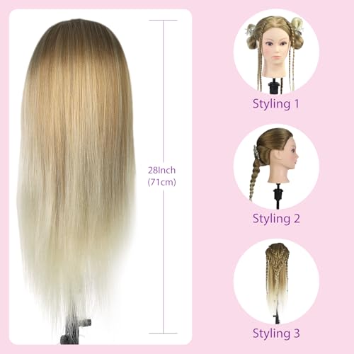 Mannequin Head with Hair with Tripod Stand - 28" Cosmetology Mannequin Head with Stand, Doll Head for Hair Styling Braiding Practice Manikin Head with Tripod Set, Ombre Golden - color: Golden&Tripod