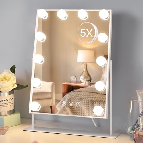 HIEEY Hollywood Vanity Mirror with 12 Dimmable Bulbs Lights, Three Color Lighting Modes, and 5X Magnification, Smart Touch Control, 360°Rotation (White,Gift Box) - style: 17.3" x 13.4" (12 Bulbs)