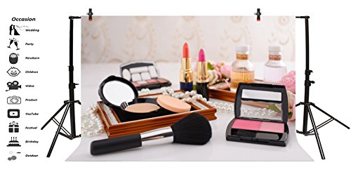 Leyiyi 7x5ft Photography Backdrop Dresser Table Backdrop Make-up Vlogger Products Henna Party Lipstick Eyeshadow Brush Blusher Pearl Necklace Bridal Shower Blogger Photo Portrait Vinyl Studio Prop - size: 7x5ft