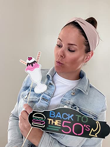 50s Photo Booth Props - 41-pc Photo Booth Kit with 8 x 10-Inch Sign, 60 Adhesive Pads, 45 Sticks - Sock Hop Party Decorations - Fifties Theme Photo Booth Props