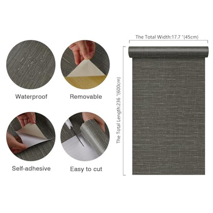 CHIHUT Dark Gray Grasscloth Peel and Stick Wallpaper Textured Removable Grass Cloth Contact Paper Self Adhesive Fabric Linen Grey Stick on Wallpaper for Bathroom Kitchen Backsplash Walls 17.7”x236” - color: ['Dark Gray'], size: 17.7" x 236"