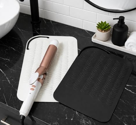 2-Pack Heat Resistant Silicone Mat for Hair Styling Tools – for Flat Iron, Curling Iron & Hot Hair Tools, Heat Proof Pad for Bathroom & Vanity Non-Slip Countertop Protector (Black/Cream) - color: Black/ Cream