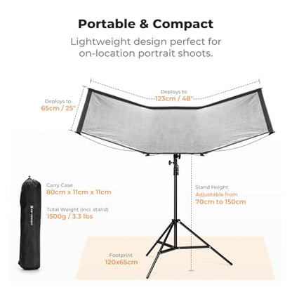 K&F CONCEPT Curved Reflector, Quick-Open Clamshell Light Reflector with Stand & Carrying Bag – 48"x26" U-Shape Photography Diffuser for Studio Portrait & Video Shooting, 4-in-1 Black/White/Silver/Gold