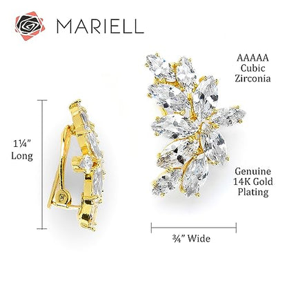 Mariell Clip-On Cubic Zirconia Crystal Bridal Earrings, Marquise Shape CZ Curved Clusters, Women Earrings for Wedding, Bridesmaids, Homecoming, Mother of the Bride - color: Gold Clip On