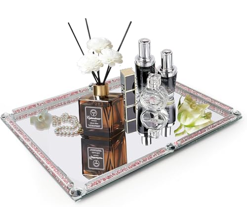 Large Crystal Serving Tray, 15.7" x 11.8" Crushed Diamond Mirror Perfume Rectangular Makeup Display Tray, Crystal Makeup Organizer for Bathroom, Home Decor, Cosmetics, Dresser(Rose Red) - color: Rose Red a
