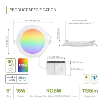 ASD 1 Pack LED Smart Recessed Lighting 6 Inch 15W, RGBW Color Changing Lights, Compatible with Alexa & Google Assistant, Dimmable 2700K-6500K Selectable RGB Lights, WiFi Bluetooth Ceiling Light, ETL - color: White, size: 6 Inch 1 Pack RGBW
